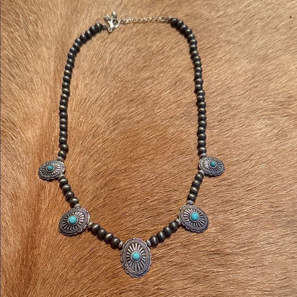 Turquoise Accent Bead Necklace with Silver-Tone Medallions